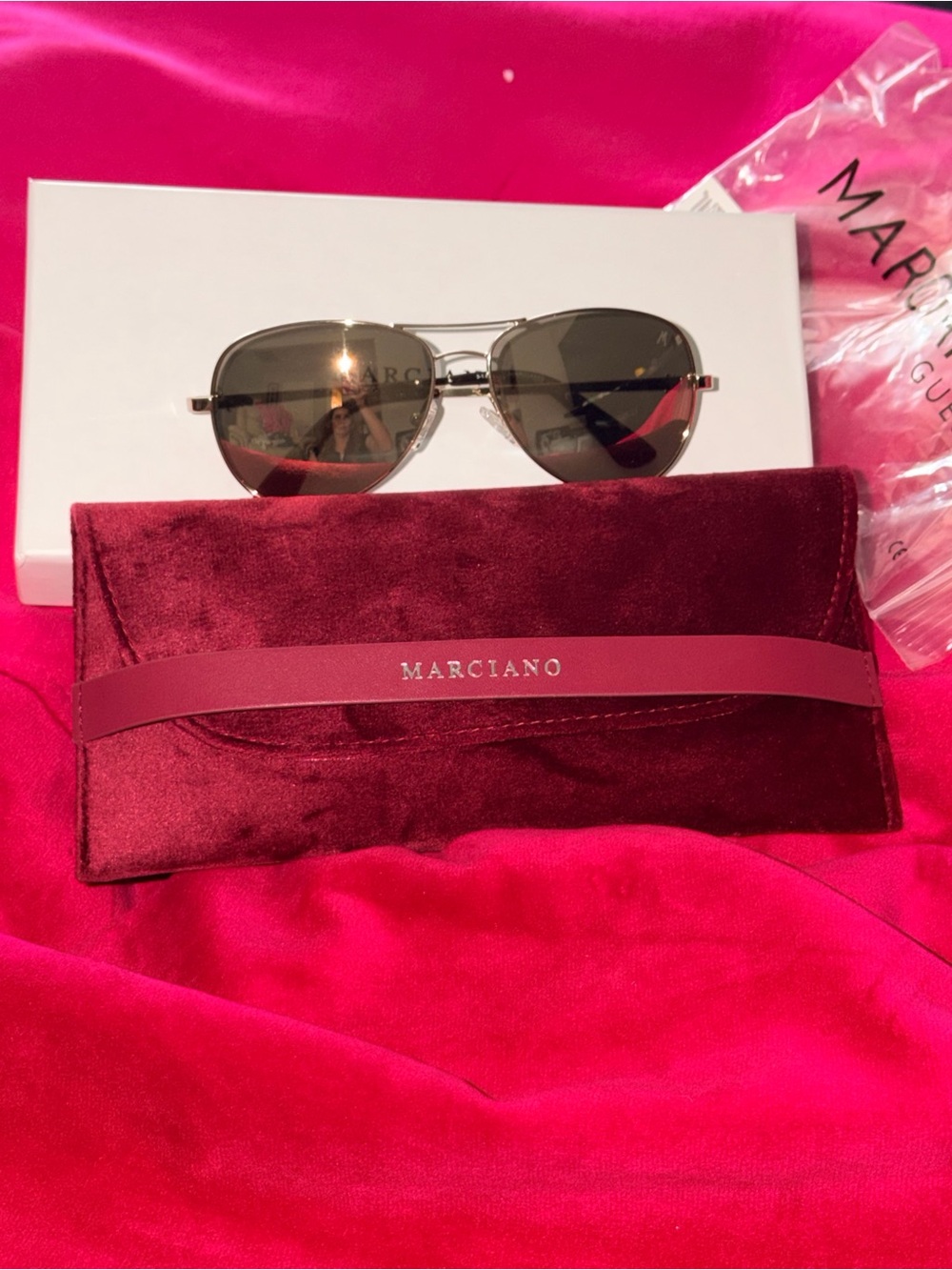 Marciano Gold Aviator Sunglasses with Burgundy Velvet Case and box